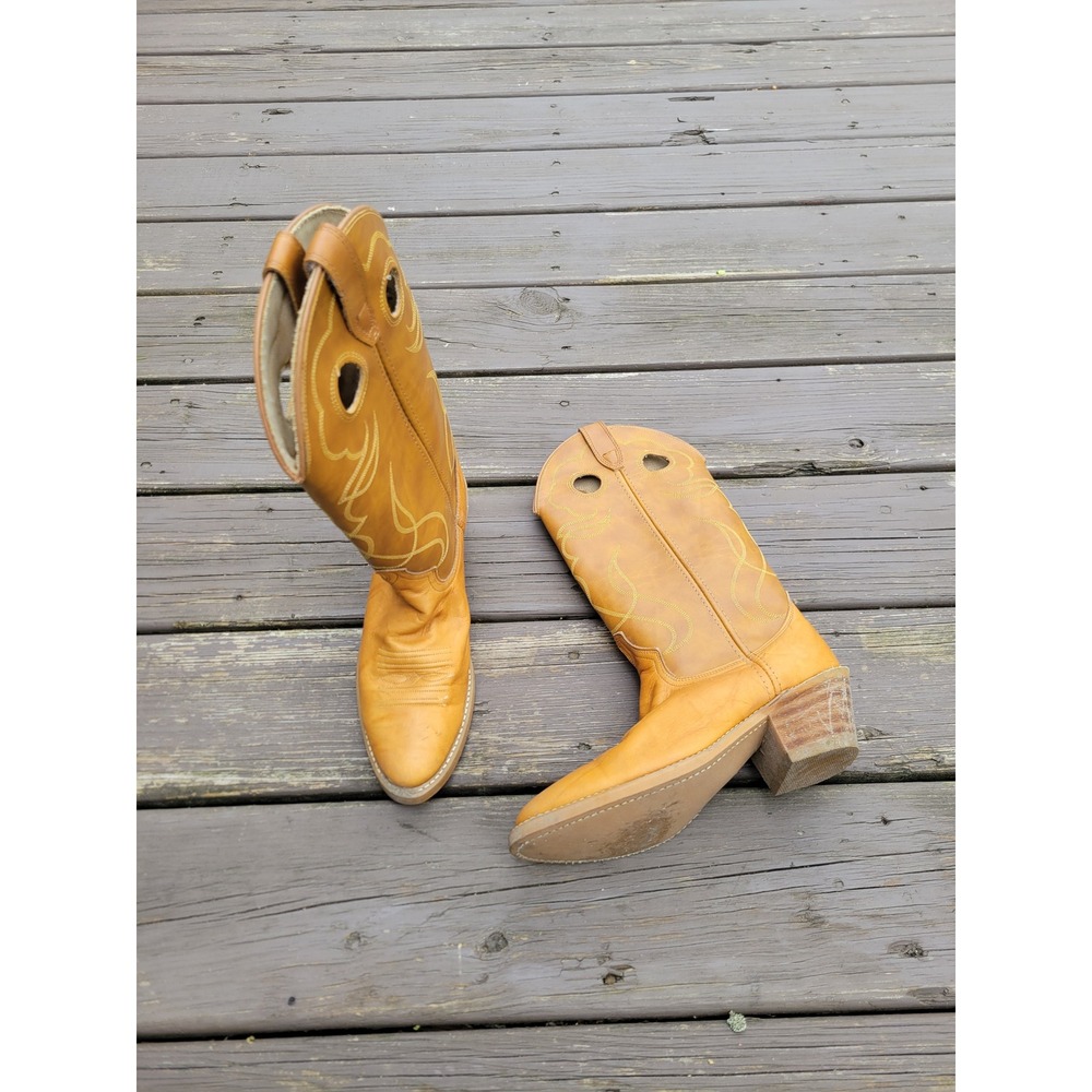 Vintage 70s Acme Cowboy Boots Banana Tan Leather Tall Western Contrast Stitch 7D